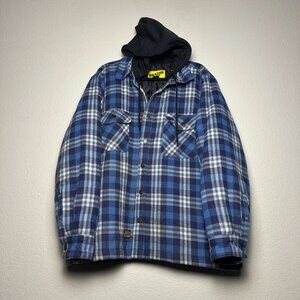 Brazos Work Force Jacket Hooded Button Up Men XL Blue Plaid Puff Insulated Heavy